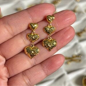 Real 18K Saudi Gold Heart Drop Earrings
